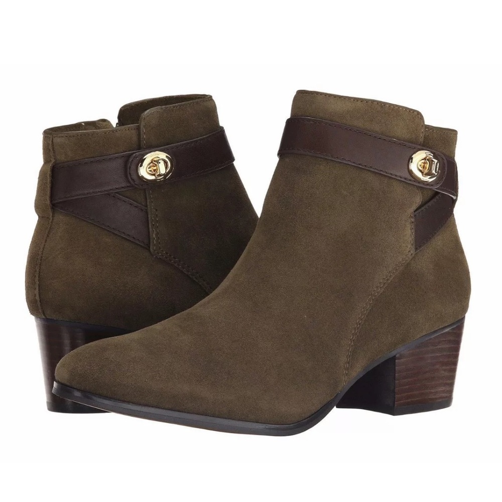 New COACH Women's Patricia Dark Brown Suede Leather Block Heel Booties